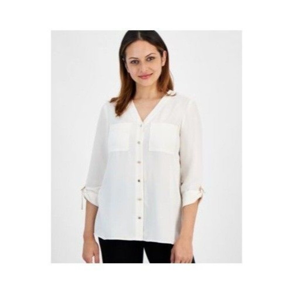 Jones New York Womens Petite PM White Roll Tab Sleeve Button Up Top NWT CH51